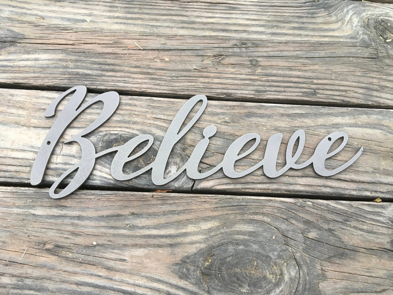 Load image into Gallery viewer, Believe Metal Sign | Believe Sign | Metal Wall Art | Family Room Decor | Family Sign | Inspirational Words Believe Word Art | Metal Word Art