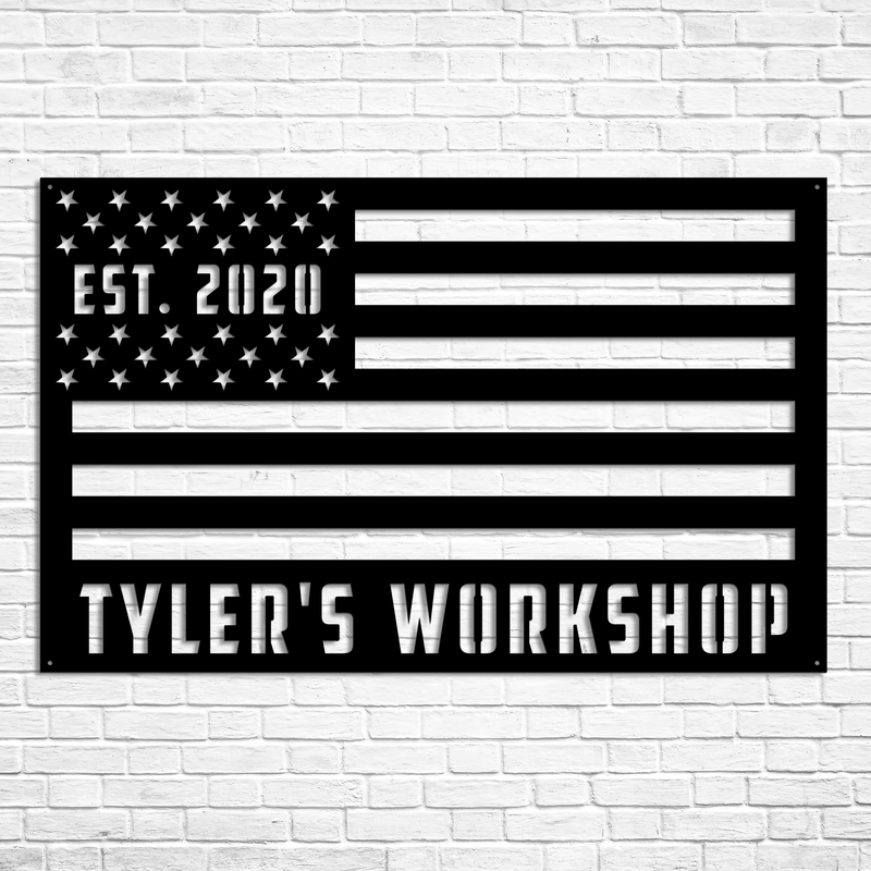 Load image into Gallery viewer, Custom Metal American Flag Workshop Sign | Man Cave American Flag Metal Sign | Personalized American Flag Sign