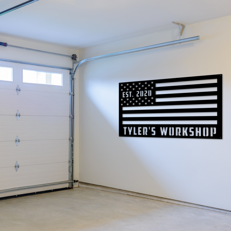 Load image into Gallery viewer, Custom Metal American Flag Workshop Sign | Man Cave American Flag Metal Sign | Personalized American Flag Sign