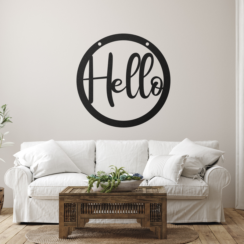 Load image into Gallery viewer, Metal Hello Sign | Hello Sign | Metal Sign | Outdoor Metal Sign | Hello Calligraphy Décor | Rustic Word Art Sign | Hello Metal Door Hanger
