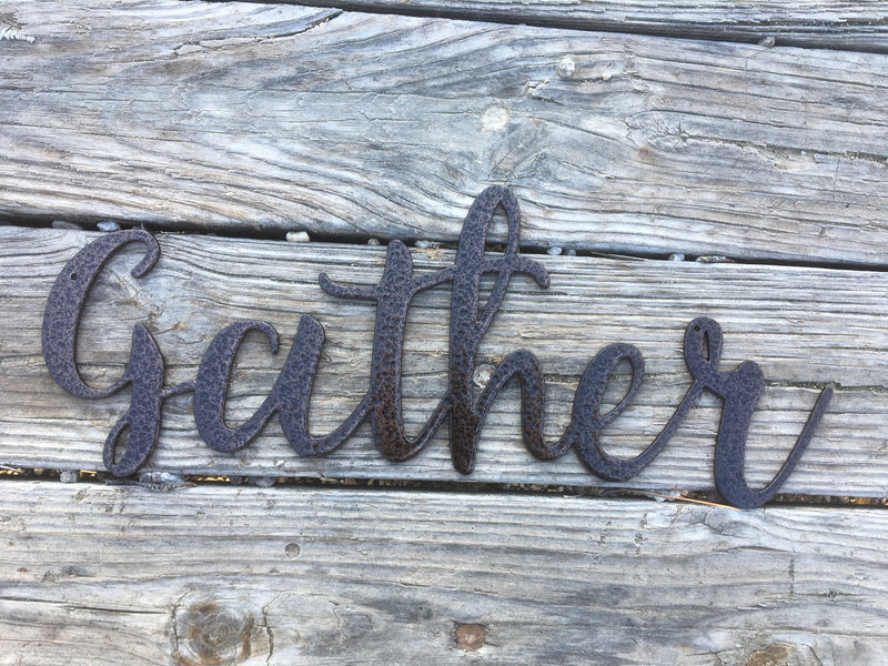 Load image into Gallery viewer, Gather Metal Sign | Gather Sign | Cursive Metal Sign | Family Room Decor | Gather Sign Metal | Gather Word Art | Metal Word Art
