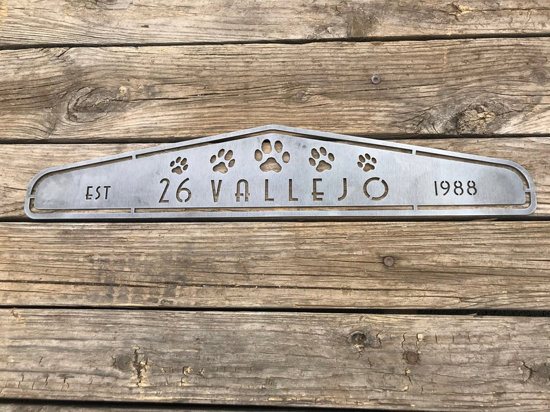 Load image into Gallery viewer, Personalized Metal Family Dog Sign | Metal House Number Dog Sign | Front Porch Sign | Address Sign | Metal Paw Prints Sign | Custom sign |

